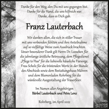 Traueranzeige von Franz Lauterbach  von Magdeburger Volksstimme