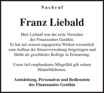 Traueranzeige von Franz Liebald  von Magdeburger Volksstimme