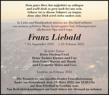 Traueranzeige von Franz Liebald  von Magdeburger Volksstimme