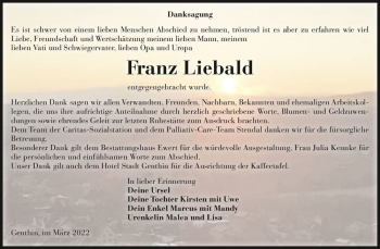 Traueranzeige von Franz Liebald  von Magdeburger Volksstimme