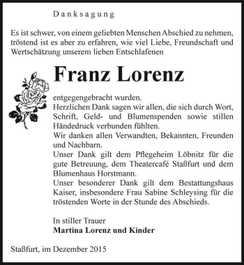 Traueranzeige von Franz Lorenz  von Magdeburger Volksstimme