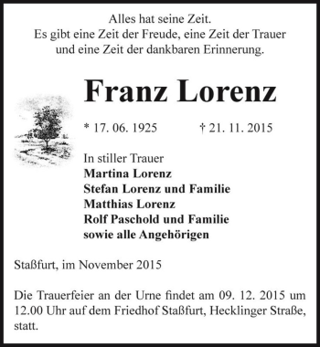 Traueranzeige von Franz Lorenz  von Magdeburger Volksstimme