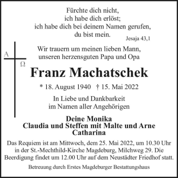 Traueranzeige von Franz Machatschek  von Magdeburger Volksstimme