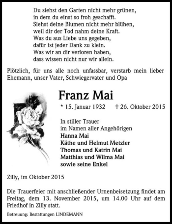 Traueranzeige von Franz Mai  von Magdeburger Volksstimme