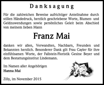 Traueranzeige von Franz Mai  von Magdeburger Volksstimme