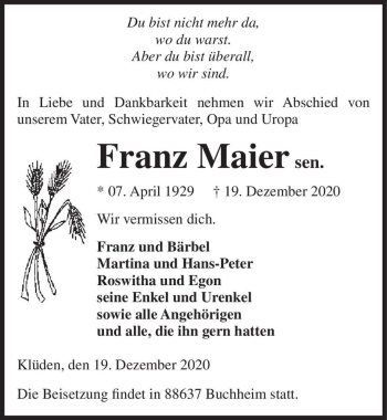 Traueranzeige von Franz Maier sen.  von Magdeburger Volksstimme