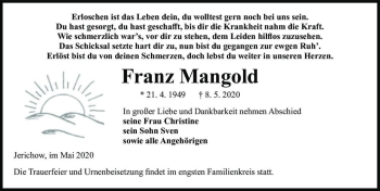 Traueranzeige von Franz Mangold  von Magdeburger Volksstimme