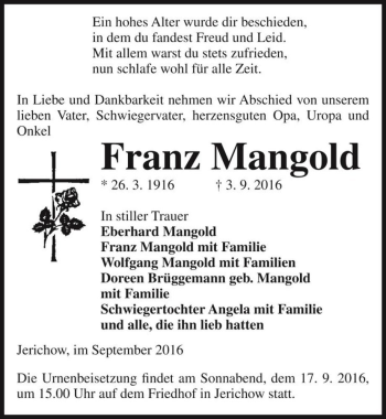 Traueranzeige von Franz Mangold  von Magdeburger Volksstimme