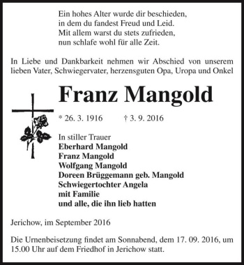 Traueranzeige von Franz Mangold  von Magdeburger Volksstimme
