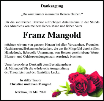 Traueranzeige von Franz Mangold  von Magdeburger Volksstimme