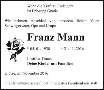 Traueranzeige von Franz Mann  von Magdeburger Volksstimme