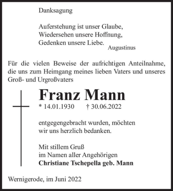Traueranzeige von Franz Mann  von Magdeburger Volksstimme