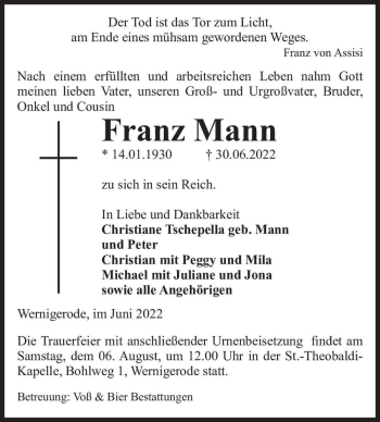 Traueranzeige von Franz Mann  von Magdeburger Volksstimme