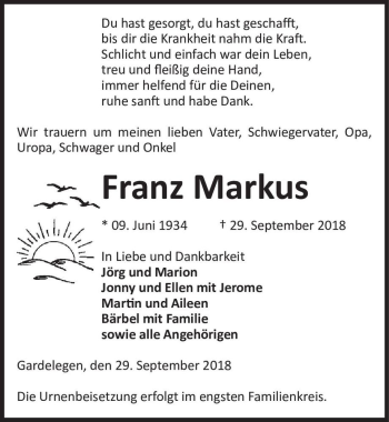 Traueranzeige von Franz Markus  von Magdeburger Volksstimme