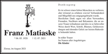 Traueranzeige von Franz Matiaske  von Magdeburger Volksstimme