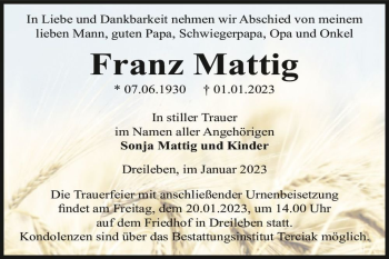 Traueranzeige von Franz Mattig  von Magdeburger Volksstimme