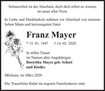 Traueranzeige von Franz Mayer  von Magdeburger Volksstimme