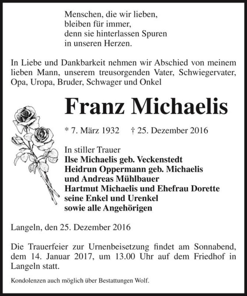  Traueranzeige für Franz Michaelis  vom 30.12.2016 aus Magdeburger Volksstimme