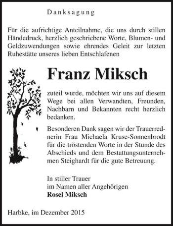 Traueranzeige von Franz Miksch  von Magdeburger Volksstimme