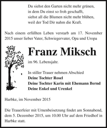 Traueranzeige von Franz Miksch  von Magdeburger Volksstimme