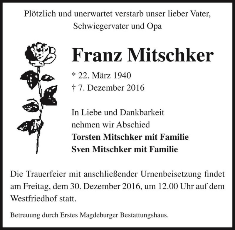  Traueranzeige für Franz Mitschker  vom 17.12.2016 aus Magdeburger Volksstimme