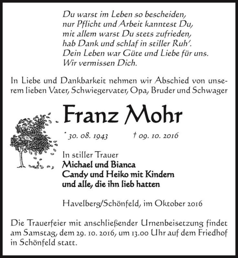  Traueranzeige für Franz Mohr  vom 20.10.2016 aus Magdeburger Volksstimme