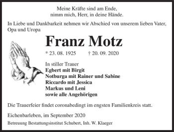 Traueranzeige von Franz Motz  von Magdeburger Volksstimme