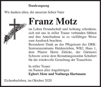 Traueranzeige von Franz Motz  von Magdeburger Volksstimme