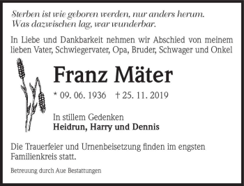 Traueranzeige von Franz Mäter  von Magdeburger Volksstimme