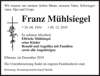 Traueranzeige von Franz Mühlsiegel  von Magdeburger Volksstimme