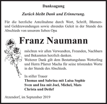 Traueranzeige von Franz Naumann  von Magdeburger Volksstimme