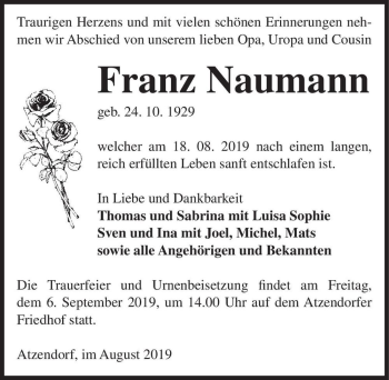 Traueranzeige von Franz Naumann  von Magdeburger Volksstimme