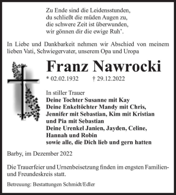 Traueranzeige von Franz Nawrocki  von Magdeburger Volksstimme
