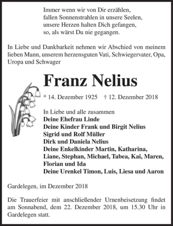 Traueranzeige von Franz Nelius  von Magdeburger Volksstimme