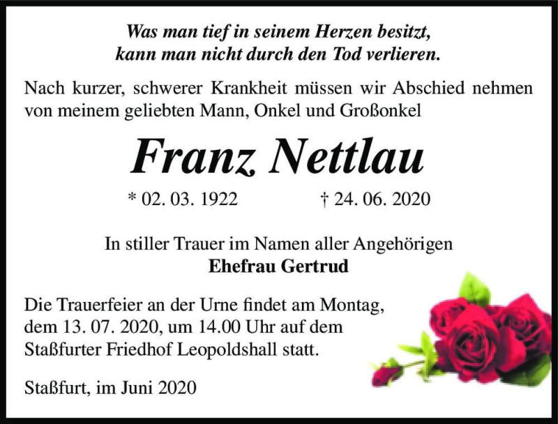  Traueranzeige für Franz Nettlau  vom 27.06.2020 aus Magdeburger Volksstimme
