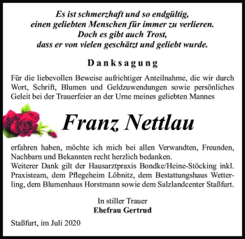 Traueranzeige von Franz Nettlau  von Magdeburger Volksstimme