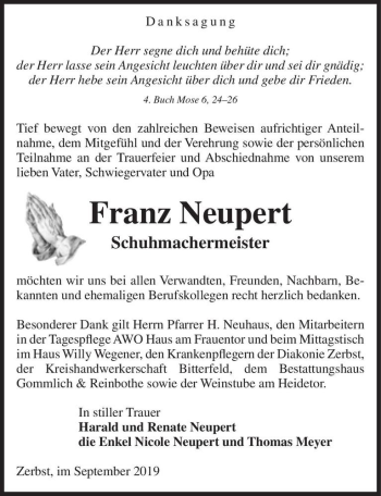 Traueranzeige von Franz Neupert  von Magdeburger Volksstimme