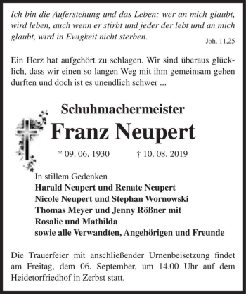 Traueranzeige von Franz Neupert  von Magdeburger Volksstimme
