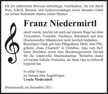 Traueranzeige von Franz Niedermirtl  von Magdeburger Volksstimme