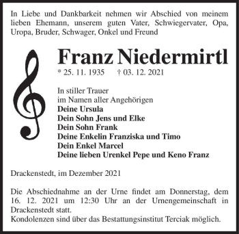 Traueranzeige von Franz Niedermirtl  von Magdeburger Volksstimme