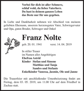 Traueranzeige von Franz Nolte  von Magdeburger Volksstimme
