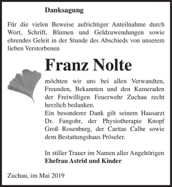 Traueranzeige von Franz Nolte  von Magdeburger Volksstimme