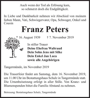 Traueranzeige von Franz Peters  von Magdeburger Volksstimme