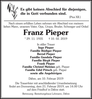 Traueranzeige von Franz Pieper  von Magdeburger Volksstimme