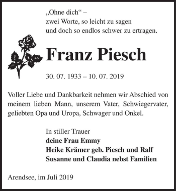 Traueranzeige von Franz Piesch  von Magdeburger Volksstimme