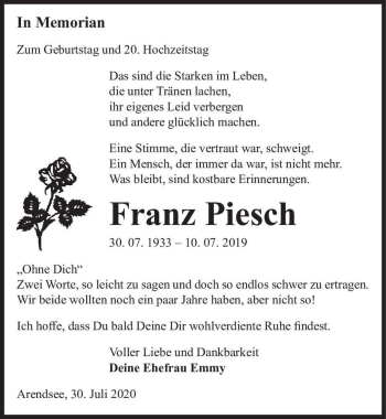 Traueranzeige von Franz Piesch  von Magdeburger Volksstimme