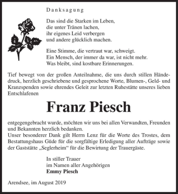Traueranzeige von Franz Piesch  von Magdeburger Volksstimme