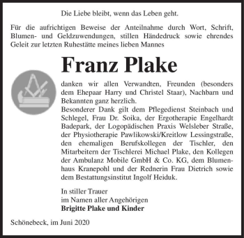 Traueranzeige von Franz Plake  von Magdeburger Volksstimme