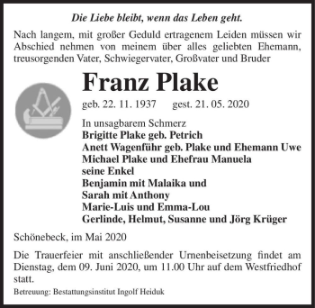 Traueranzeige von Franz Plake  von Magdeburger Volksstimme