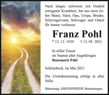 Traueranzeige von Franz Pohl  von Magdeburger Volksstimme